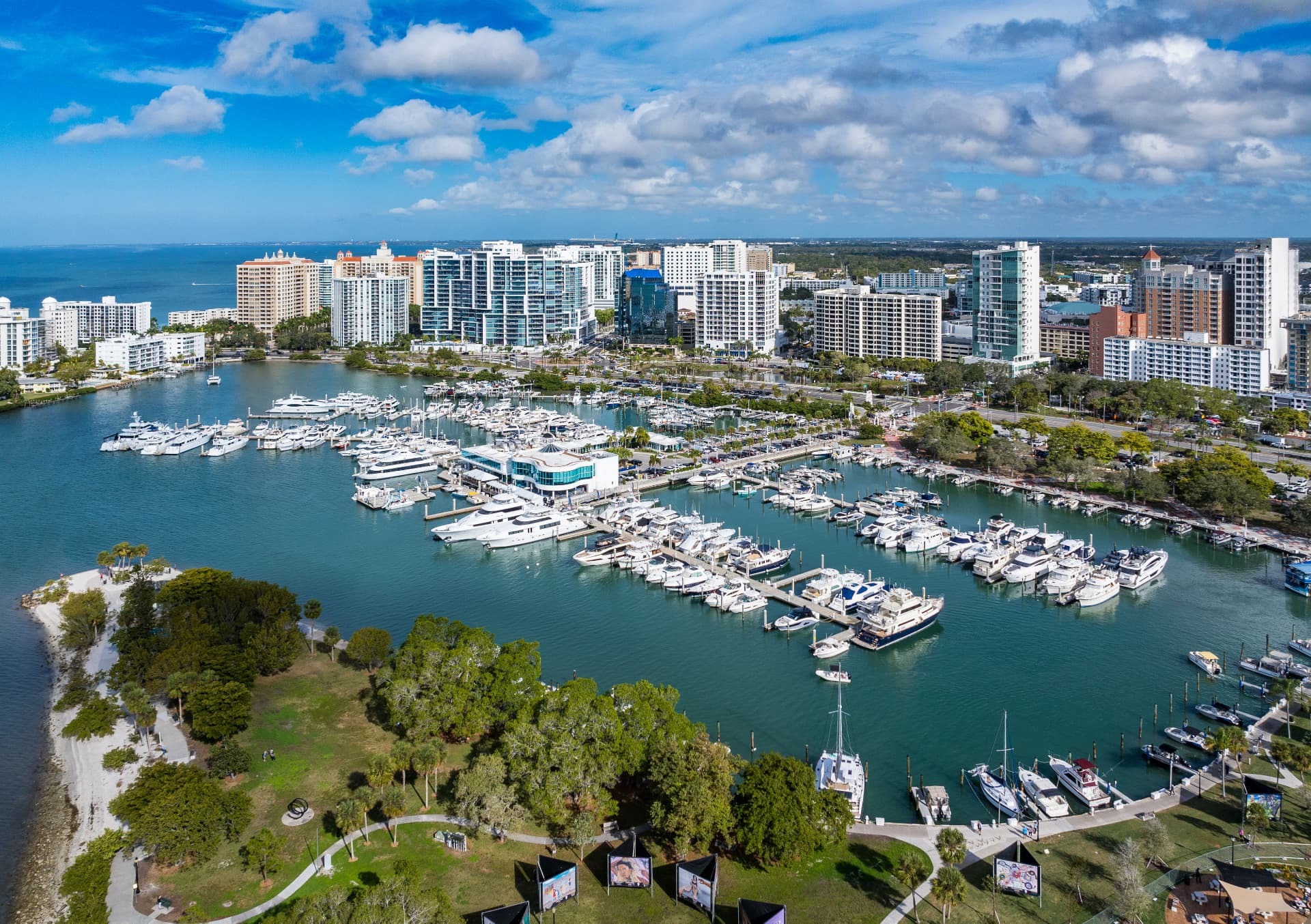 Aerial view of Sarasota's marina and downtown waterfront